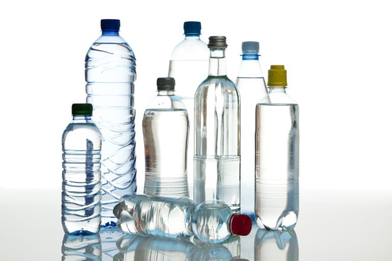 Filled water bottles in a variety of shapes and sizes